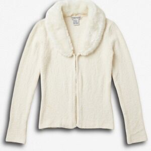 Rampage Vintage Y2K Cream Faux Fur Collar Cardigan Sweater XS SLBM23